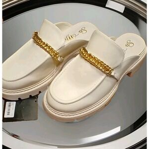 Ivory Chain‎ Detail Mules Slides Platform Loafers Shoes, Women